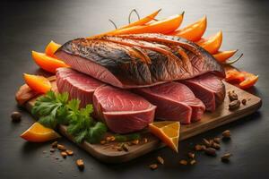 Raw beef sirloin steak with ingredients for cooking on wooden background. ai generative photo