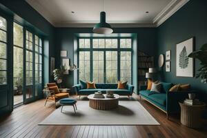 Interior of modern living room with green walls, wooden floor, green sofa and round coffee table. ai generative photo