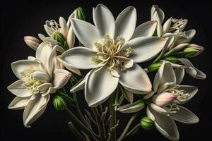 Beautiful white lilies on solid color background, closeup. Floral decor. ai generative photo