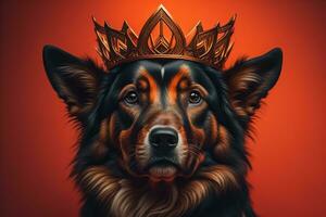 Portrait of a cute dog in a golden crown on a solid color background. ai generative photo