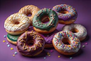 Variety of donuts on a solid color background. Top view. ai generative photo