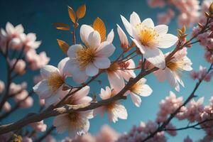 cherry blossom sakura flower on blue sky background, ai generative photo