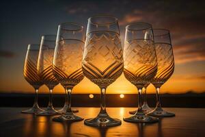 Wine glasses on a wooden table against the background. ai generative photo