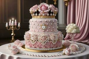 Wedding cake decorated with pink roses and gold crown on the table. ai generative photo