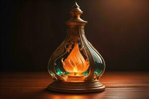 Lantern on a wooden table and a dark background. ai generative photo