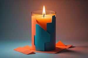 Burning aroma candle on wooden table against solid color background, copyspace. ai generative photo