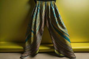 Young woman in traditional thai costume standing on the floor against solid color background. ai generative photo