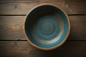 Empty wooden bowl on wooden background. Top view. Copy space. ai generative photo