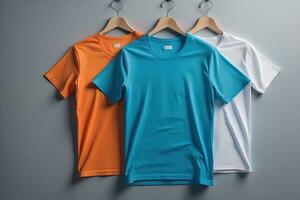 Colorful t-shirts in front of dark background. ai generative photo