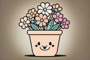 Illustration of a flowerpot with pink and blue flowers on a gray background. ai generative photo