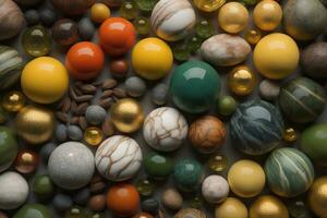 Colorful Variety of marbles as a background, top view, close up. ai generative photo