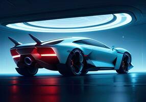 Futuristic black sports car in neon light. ai generative photo