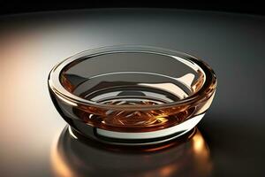 Empty glossy transparent ashtray on a dark background. ai generative photo