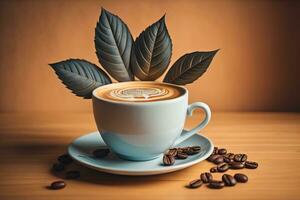 Coffee cup and coffee beans on a wooden table, top view. ai generative photo