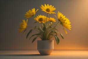 Flowers in a pot on a solid color background. ai generative photo