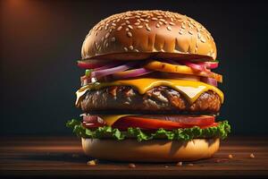 Big tasty hamburger on wooden table. ai generative photo