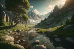 Beautiful fantasy landscape with a river in the mountains. ai generative photo