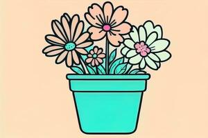 Illustration of a flowerpot with pink and blue flowers on a gray background. ai generative photo