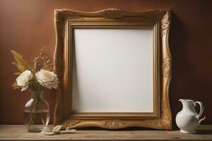Glass picture frame on a solid color background. ai generative photo