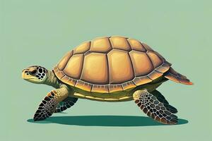 ilustración de un Tortuga en un verde antecedentes en dibujos animados estilo. ai generativo foto