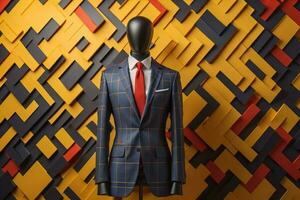 Stylish suits on mannequins on solid color background, closeup. ai generative photo