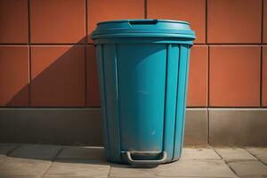 Garbage can on a colorful wall background, vintage color tone style. ai generative photo