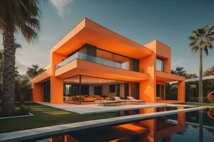 moderno acogedor casa con piscina y estacionamiento, lujoso estilo y hermosa paisajismo en antecedentes. ai generativo foto