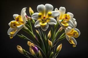 ramo de flores de azafrán y tulipanes en sólido color antecedentes. ai generativo foto
