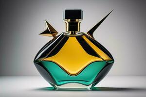 Creative and brandless Perfume bottle and flower on the wooden table, closeup. ai generative photo
