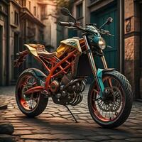 Modern powerful sports motorcycle on a colorful background. ai generative photo