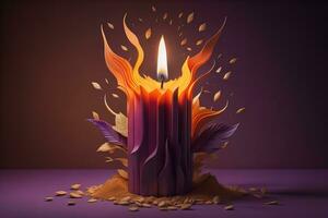 Burning aroma candle on wooden table against solid color background, copyspace. ai generative photo