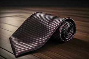 a necktie on a wooden background with reflection. ai generative photo