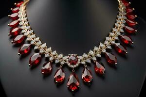 necklace on a black background with a lot of jewelry precious stones. ai generative photo