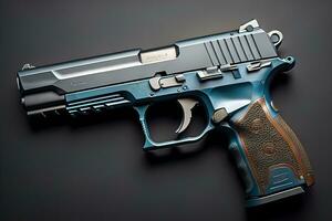 Semi-automatic handgun on a solid color background. Close-up. ai generative photo