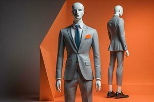 Stylish suits on mannequins on solid color background, closeup. ai generative photo