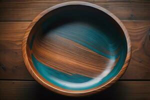Empty wooden bowl on wooden background. Top view. Copy space. ai generative photo