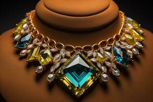 necklace on a black background with a lot of jewelry precious stones. ai generative photo