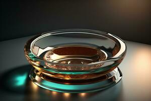 Empty glossy transparent ashtray on a dark background. ai generative photo