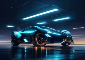 Futuristic black sports car in neon light. ai generative photo