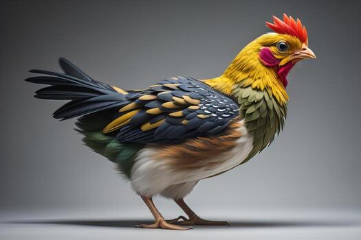 Colorful chicken on a solid color background, studio photo. ai generative photo