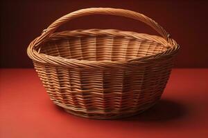 Empty wicker basket on a solid color background. ai generative photo