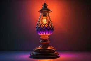 Lantern on a wooden table and a dark background. ai generative photo