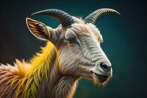 Head of a goat with big horns. ai generative photo