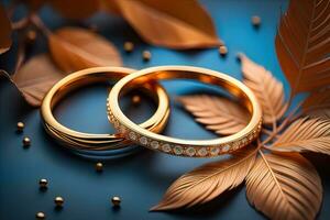 Wedding rings with feathers on a dark background close-up. ai generative photo