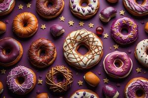 Variety of donuts on a solid color background. Top view. ai generative photo