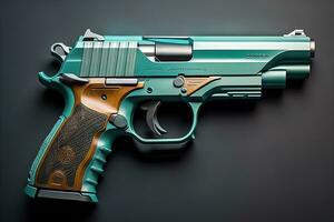 Semi-automatic handgun on a solid color background. Close-up. ai generative photo