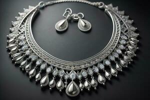 Silver necklace on a solid color background in close-up. ai generative photo