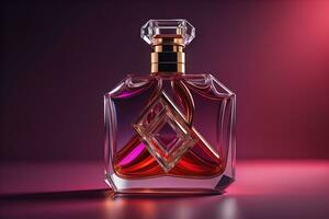 Creative and brandless Perfume bottle and flower on the wooden table, closeup. ai generative photo