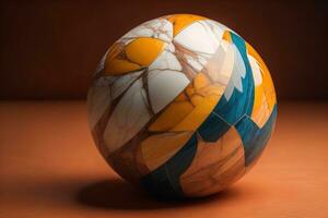 Colorful marble ball on a solid colour background. Close-up. ai generative photo