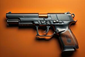 Semi-automatic handgun on a solid color background. Close-up. ai generative photo